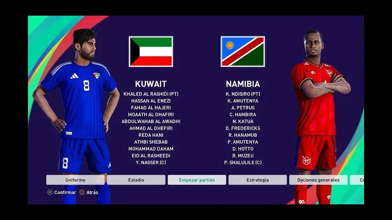 Cầu thủ Kuwait và Namibia đang tranh chấp quả bóng trên sân cỏ